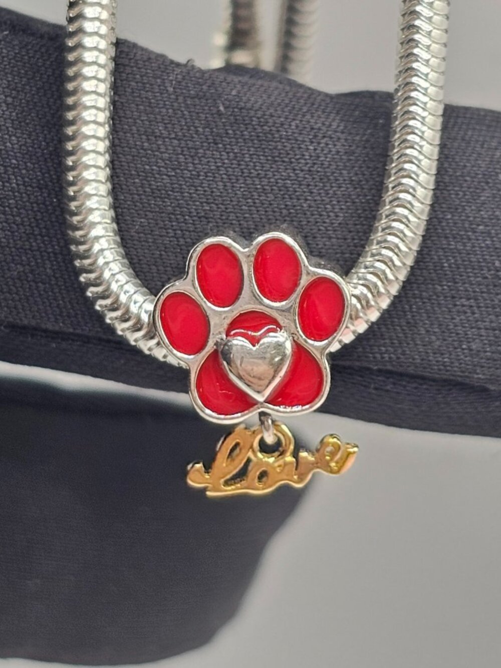Sterling Silver 925 Rhodium Plated Red Paw with Heart and Dangling Love Charm